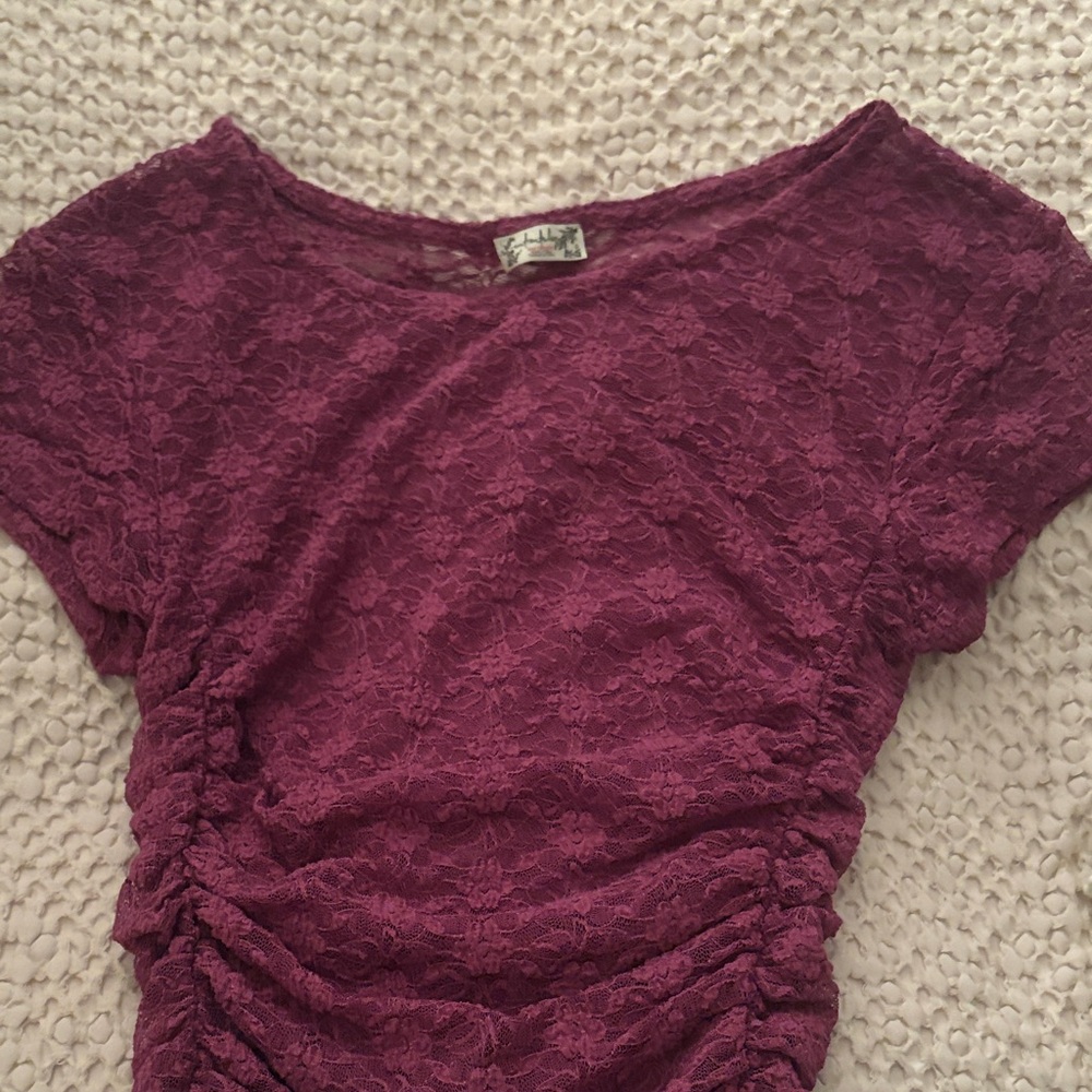 Free People Lace Short Sleeve Top in Deep Purple